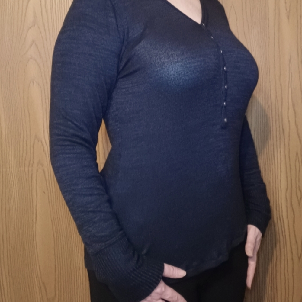 Abercrombie & Fitch Soft A&F Cozy Blue Black Heather VNeck Henley Sweater Size L - Picture 9 of 10